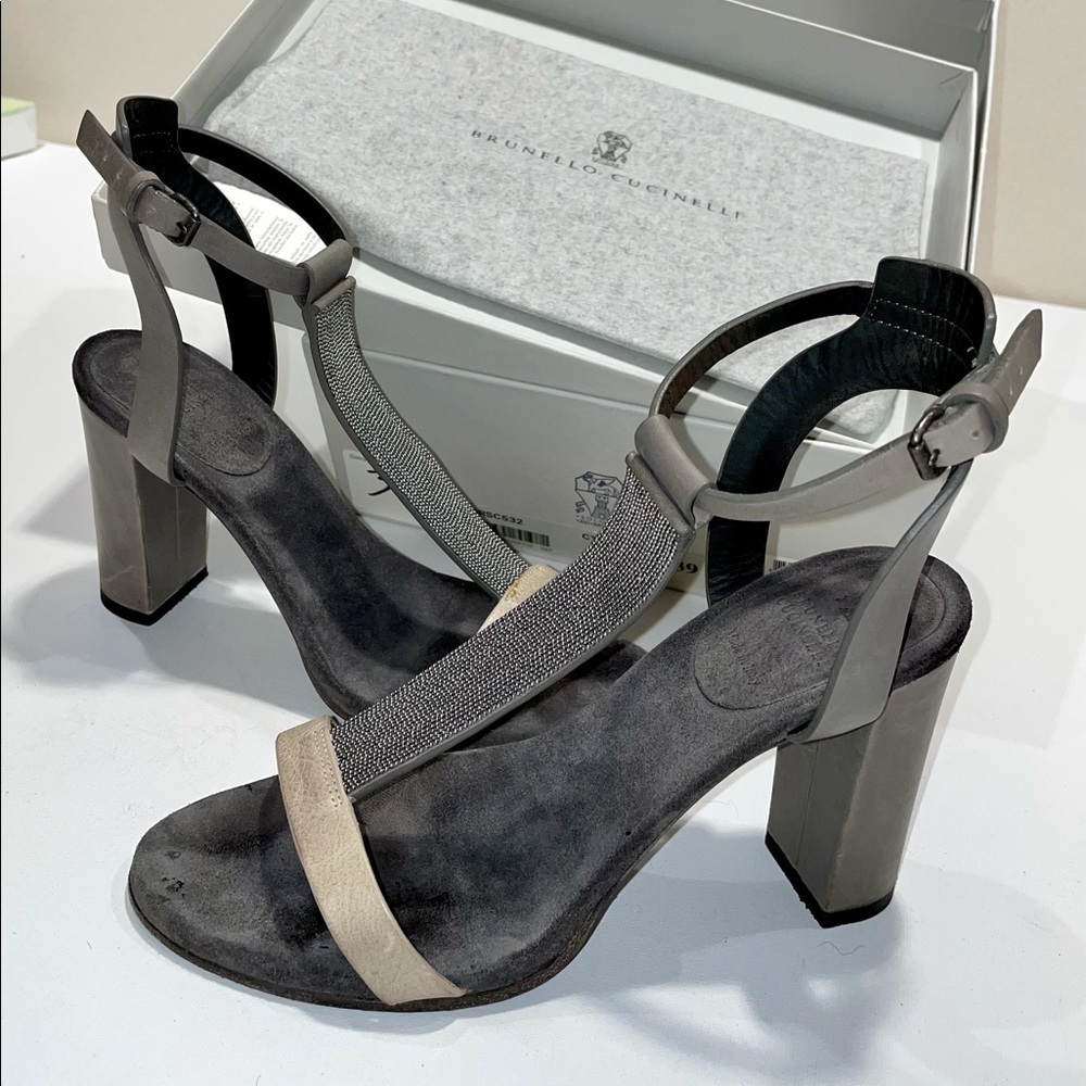 BRUNELLO CUCINELLI block heel sandals suede leather monili detailing US 9 EU 39